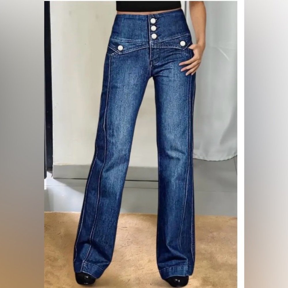 Flamingals Wash Seam Front High Rise Straight Leg Jeans Size Large NWT - Picture 2 of 13